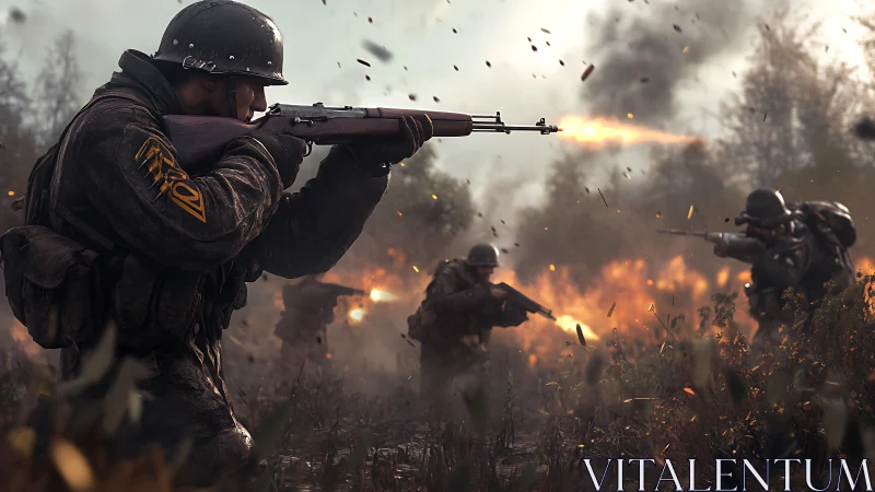 Soldiers under fire advance through burning battlefield.