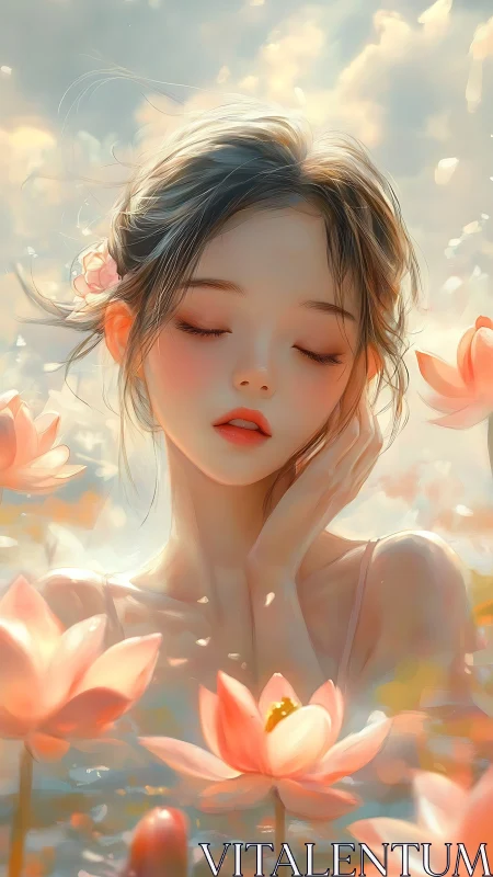 Dreamy lotus pond portrait shows serene girl in soft light