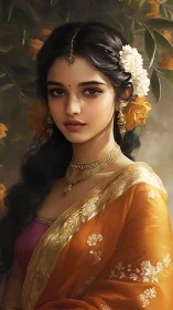 Golden blossoms listen quietly to her amber-saree grace