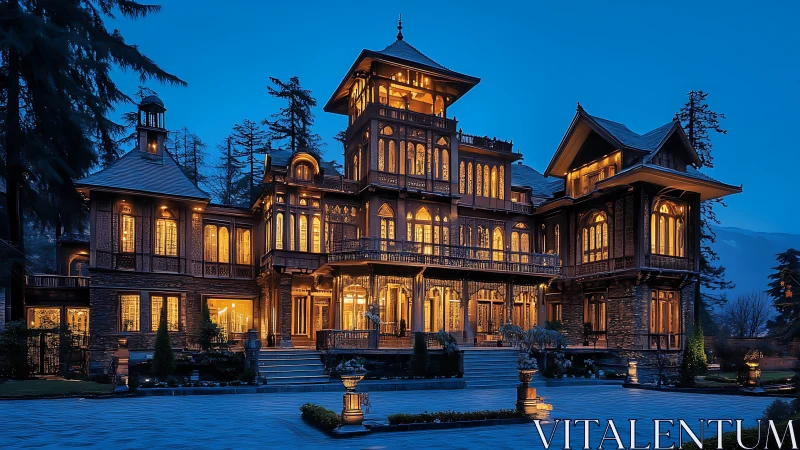 Grand illuminated mansion exterior at blue hour twilight.