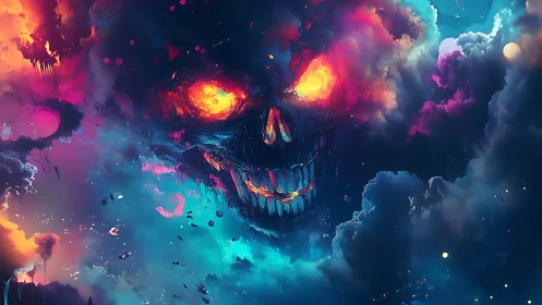 Fiery cosmic skull emerging through neon storm clouds.