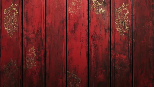 Vertically planked red wood wall shows distressed gold ornamental patina