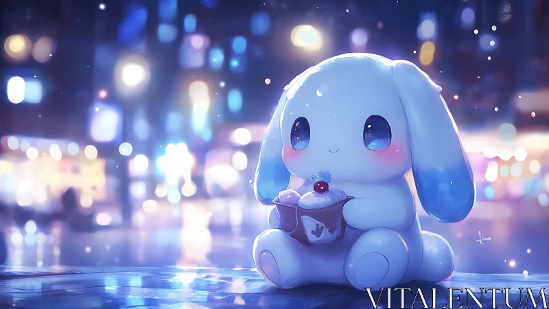 Chibi blue-eared bunny holding cupcake in nocturnal city bokeh