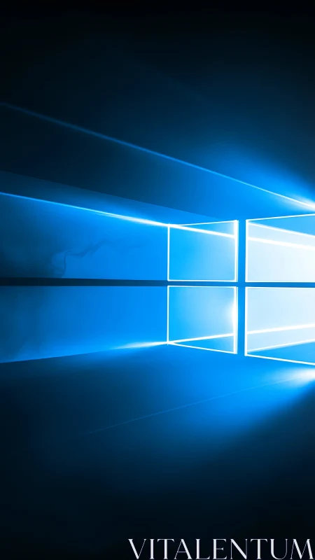 Luminous blue window grid projects digital light beams.