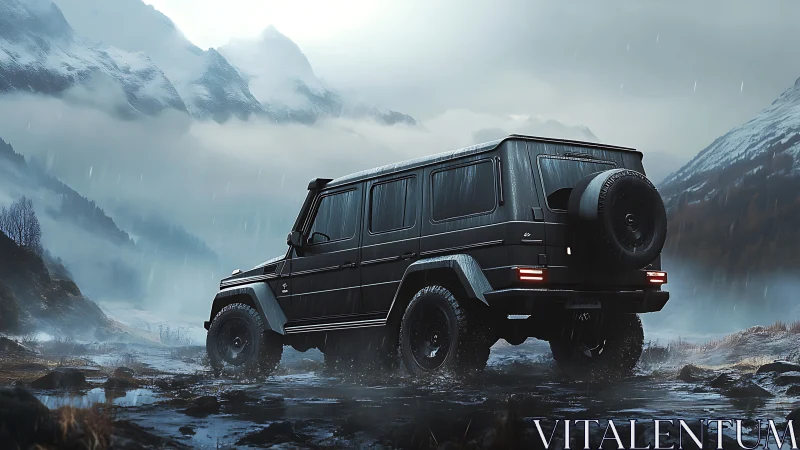Black off-road SUV stands in misty alpine valley rain