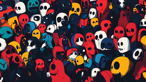 Crowd of stylized hooded skull figures in bold colors.
