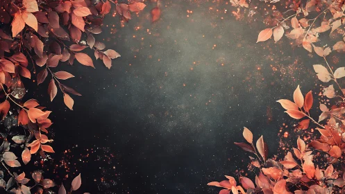 Autumn leaves frame a dark dreamy background with glowing embers