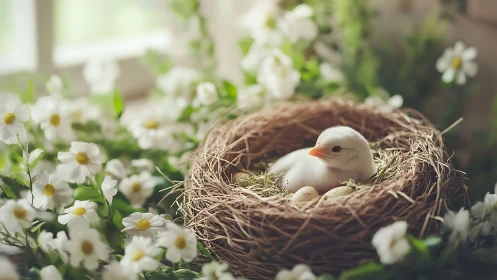 White chick rests in straw nest amid soft spring blooms.