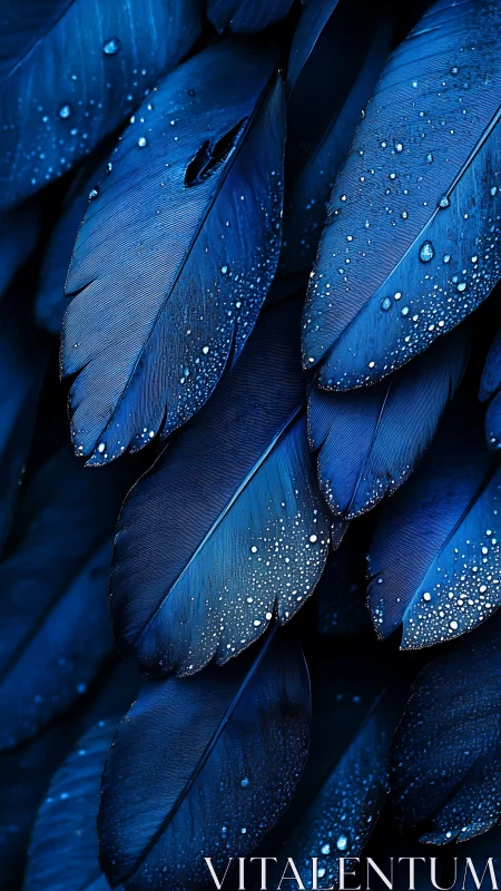 Close-up of layered blue feathers with dew droplets