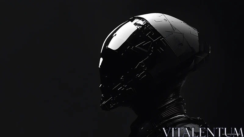 High-contrast side profile of glossy black modular sci-fi helmet