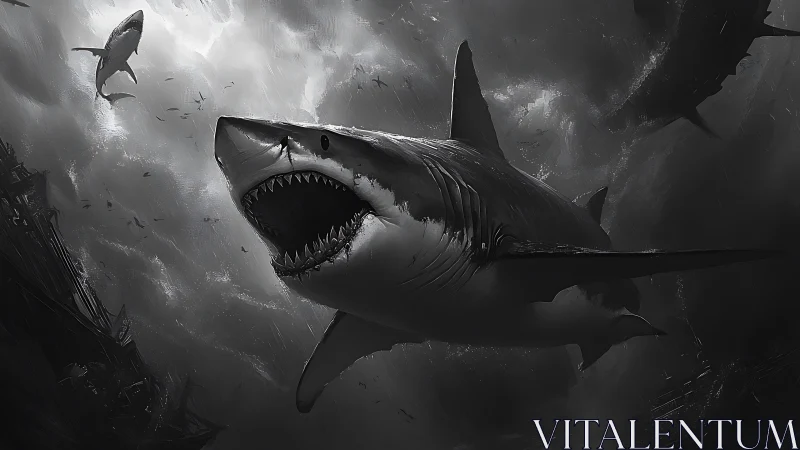 Monochrome digital depiction of sharks in turbulent water.