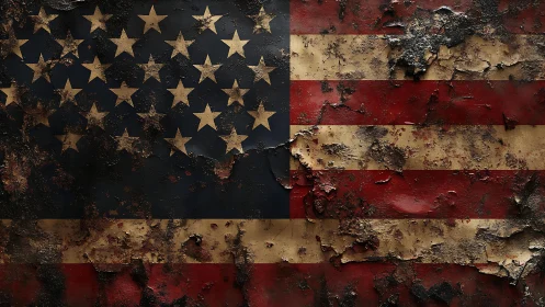 Weathered American flag surface shows heavy rust and decay