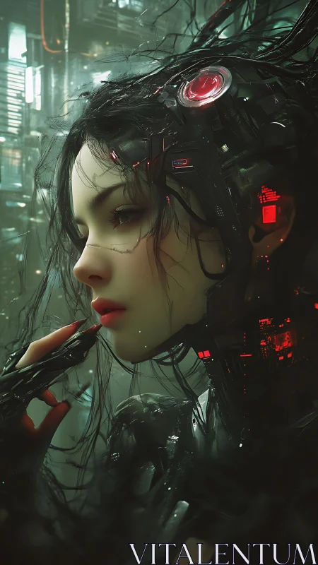 Cybernetic woman in neon-lit lab with glowing head implant.