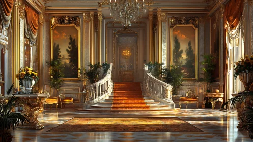 Regal grand staircase in sunlit baroque palace hall.