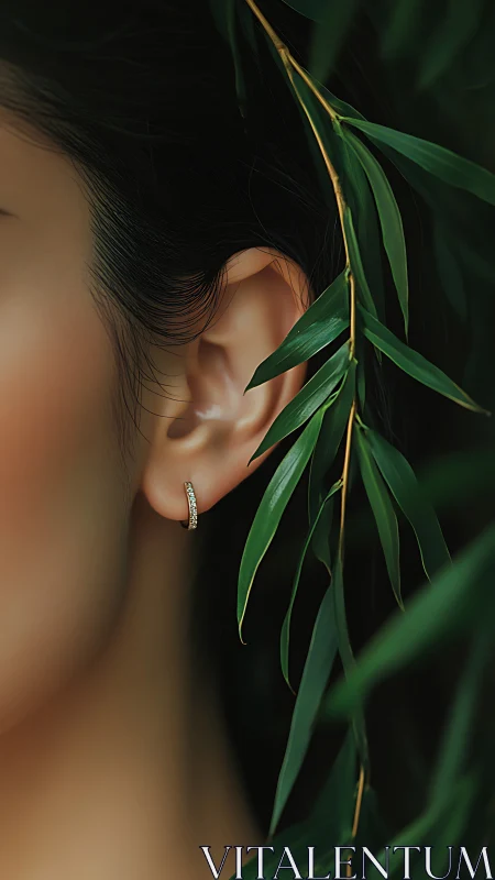 Whispering leaves frame a quiet ear adorned in gold light