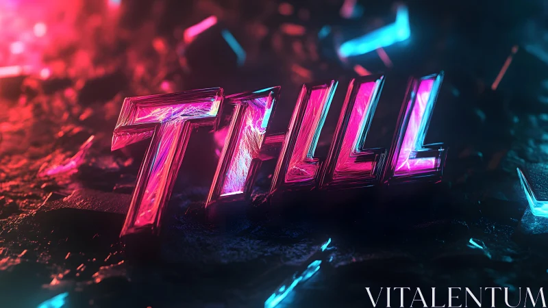 Neon “THILL” text in futuristic, glowing 3D cyberpunk style.
