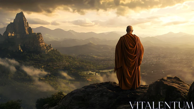 Solitary monk surveys misty mountain valley at golden hour