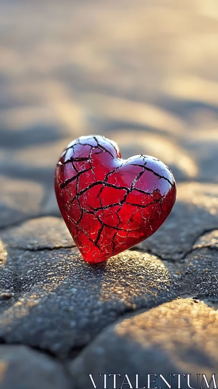 Cracked red glass heart ornament on textured stone surface.