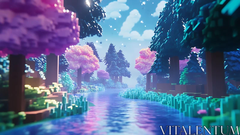 Neon Landscape with Pixelated Water and Floating Terrain