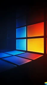 Glowing blue and orange glass panels on dark grid wall.