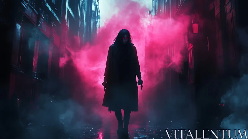 Dark figure stands in neon fog within narrow urban alley