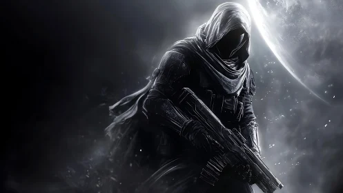 Hooded space operative with rifle beneath fractured moon.