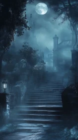 Moonlit stone staircase ascends into eerie gothic fog.
