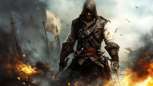 Cinematic pirate assassin amid burning harbor, digital painting.