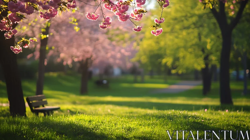 Quiet park bench listens softly beneath drifting cherry light
