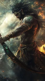 Mythic archer warrior with ornate bow amid stormfire sky