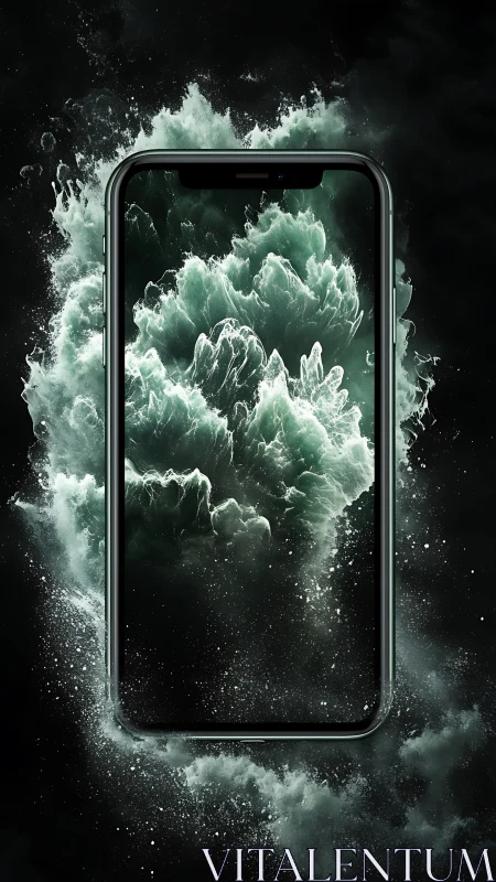 Phone window into stormy teal waves and swirling mist.