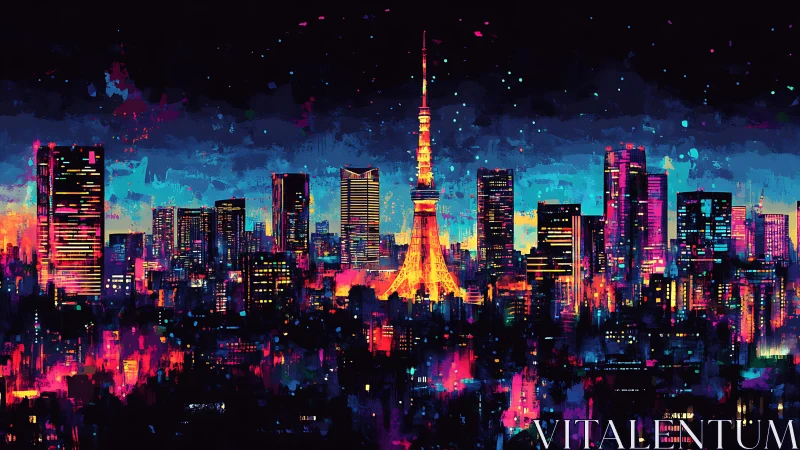 Neon-saturated Tokyo skyline in high-contrast digital chroma.