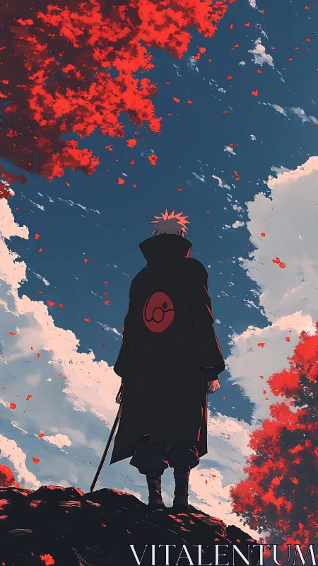Solitary cloaked swordsman stands beneath crimson canopy