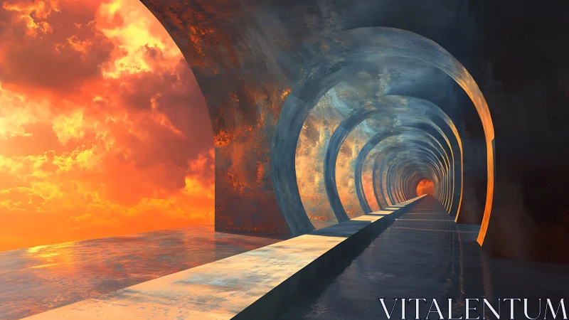 Cylindrical corridor recedes toward an incandescent horizon