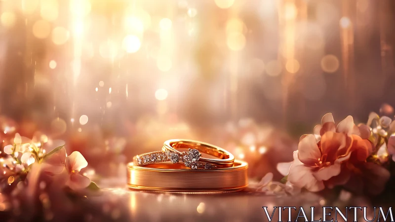 Macro analysis of bridal gold rings in bokeh floral field.