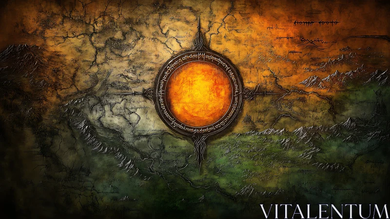 Radial fiery sigil over textured fantasy topographic map composition