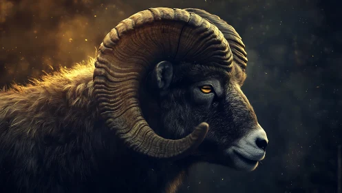 Side profile of horned wild sheep against dark backdrop.