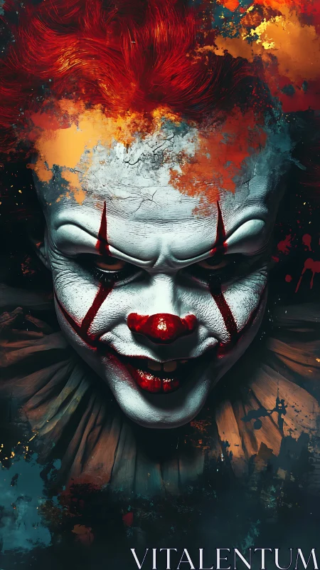 Digital rendering shows sinister clown portrait with splatter effects