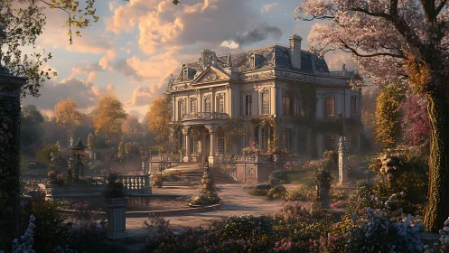Sunlit French manor rests amid opulent, blooming gardens.