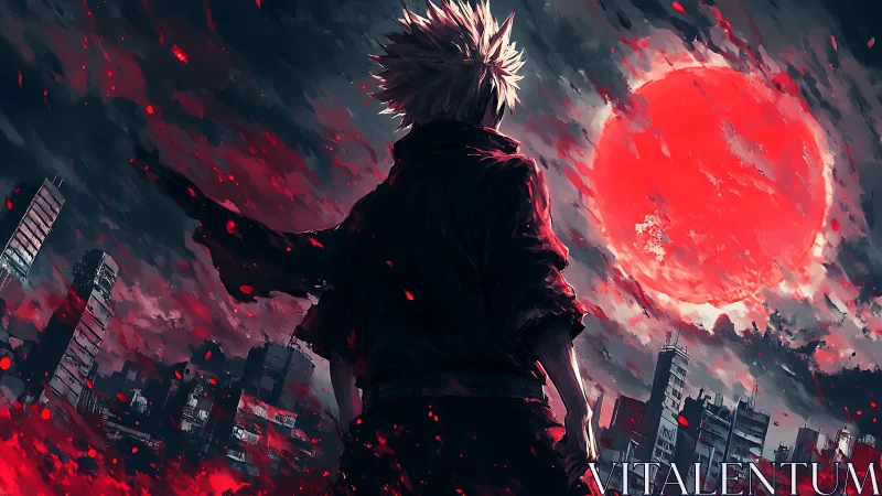 Lone anime warrior confronts a burning red apocalypse sky