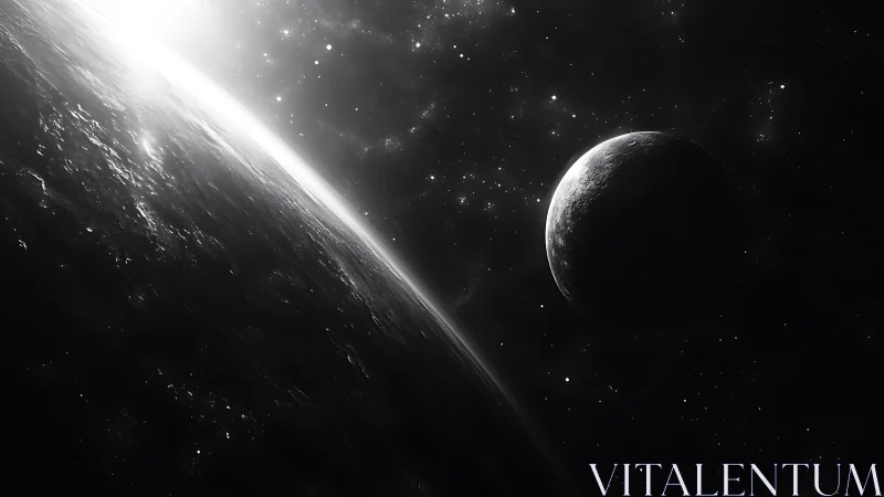 Monochrome rendering depicts two planets in illuminated orbit