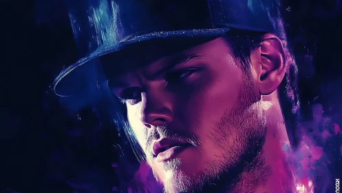 Intense digital portrait of man in cap with neon light.