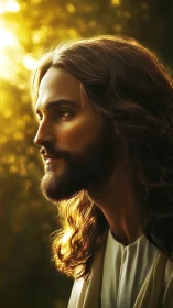 Radiant long-haired figure in golden backlit forest glow.