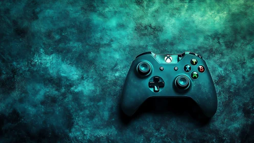 Teal gaming controller commands digital worlds from weathered surface