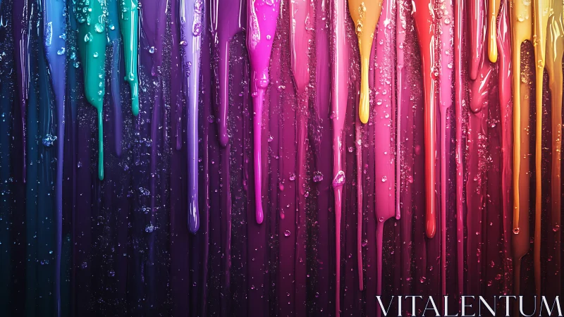 Vertical drips of multicolor paint on dark wet surface.