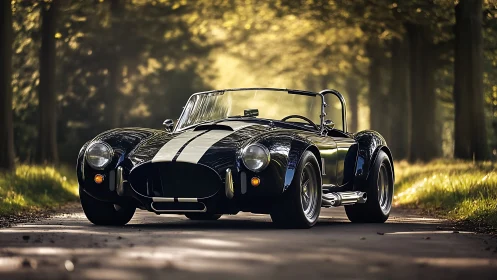 Classic black roadster parked on forest lane at sunset.