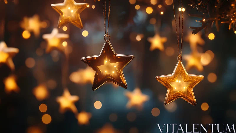 Golden star-shaped fairy lights glow in soft festive bokeh