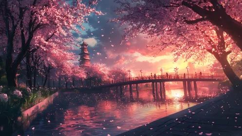 Cherry blossoms drift as sunset weaves a bridge of light