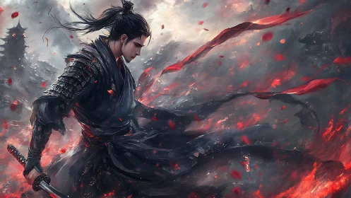 Samurai warrior strides through burning storm of scarlet embers
