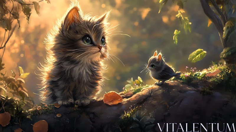 Fluffy Kitten Encountering Small Bird in Golden Hour Forest Setting.